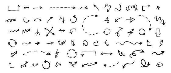 Arrow mark icons. Collection hand drawn arrows. Vector isolated on white background.