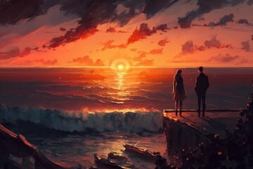 Obraz premium Couple walking on the Beach at Sunset Generative AI