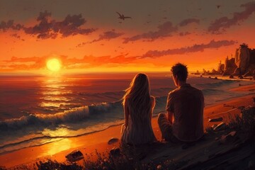 Fototapeta premium Couple walking on the Beach at Sunset Generative AI