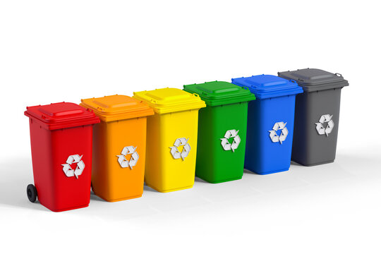 Colorful Recycle Bins Isolated With Recycle Sign For Green World Concept. 3d Rendering