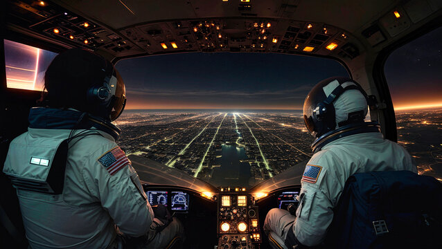 back view of two astronauts in space suits sitting in cockpit of space ship and flying over alien planet, looking at glowing city lights down below in distant horizon at night, generative AI