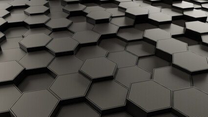 3d metal and blackmaterialin pespective view hexagons background. 3d render illustration.