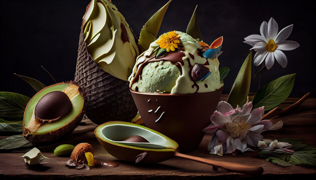 Delicious Luxury Avocado Ice Cream In Cone AI Generative