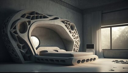 bedroom of the future with a beautiful rock design