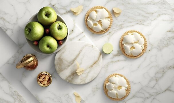  a marble table topped with green apples and pie crusts.  generative ai