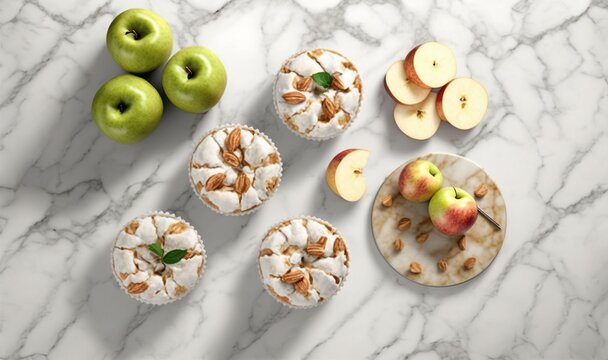  a marble table topped with apples and cupcakes next to a plate of apples.  generative ai