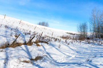 Farm field edge ravine with barbed fence and blues sky background in winter season