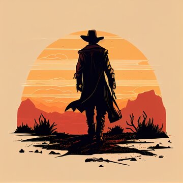 Silhouette Of An Old West Gunslinger. Sunset. Generative AI