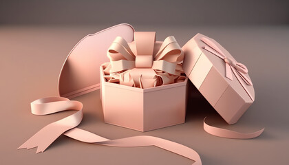 3D background gift, open box display for cosmetic product presentation. Present with pastel pink ribbon. Birthday, valentine's or woman's day, round present Branding banner. 3D render, shopping mockup