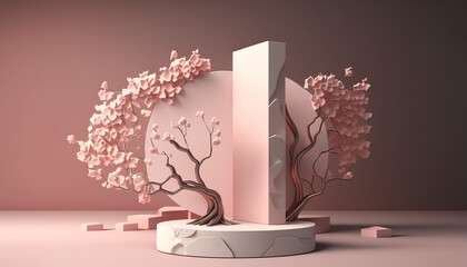3D background, pink podium, stone display. Sakura pink flower tree branch with shadow. Floral Cosmetic or beauty product promotion step pedestal. Abstract minimal 3D render. Copy space spring mockup