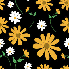 yellow flower pattern on black background. floral pattern on black background. flower doodle art.