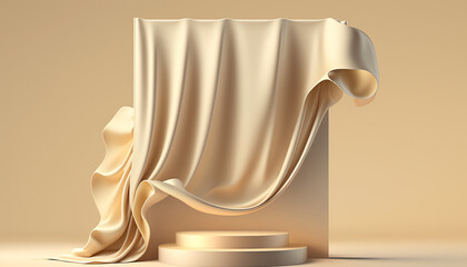 3D display podium, beige background with pedestal. brown, cloth, luxury silk. Beauty cosmetic, product presentation stand. Feminine mockup with cloth wave. 3d render advertisement