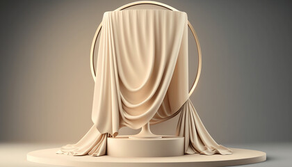 3D display podium, beige background with pedestal and flying color silk cloth curtain. Nature wind. Beauty, cosmetic product presentation circle frame for text. Luxury feminine mockup 3d render