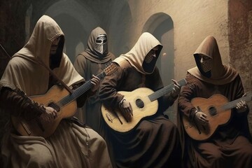 Medieval monks rock band, concept of Anachronism and Ecclesiastical Music, created with Generative AI technology - obrazy, fototapety, plakaty