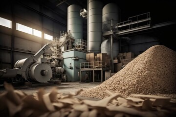 Paper mill with stacks of wood chips, concept of Resource Efficiency and Logistics Management, created with Generative AI technology - obrazy, fototapety, plakaty