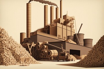Paper mill with stacks of wood chips, concept of Resource Efficiency and Logistics Management, created with Generative AI technology
