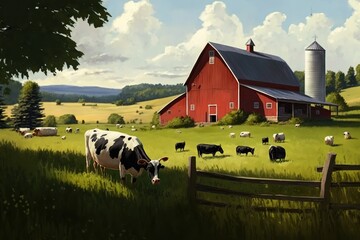 Pastoral field with grazing cows and a red barn in the distance, concept of Rural Landscape and Rustic Scene, created with Generative AI technology - obrazy, fototapety, plakaty