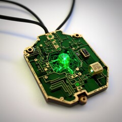 Pendant made of a green circuit board piece with a small crystal in the center, concept of Upcycling and Crystallization, created with Generative AI technology
