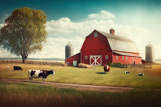 Pastoral field with grazing cows and a red barn in the distance, concept of Rural Landscape and Rustic Scene, created with Generative AI technology