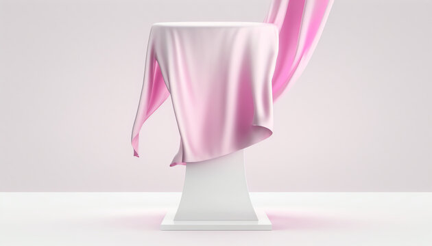 3D display podium, white background with pedestal and pink flying silk cloth curtain. Nature wind. Beauty, cosmetic product presentation stand. Luxury feminine banner template 3d render advertisement.