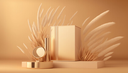 3D podium display on beige, background and dry pampas grass in vase. Bright cosmetic, beauty product promotion pedestal with shadow. Nature showcase composition. Abstract minimal studio 3D render