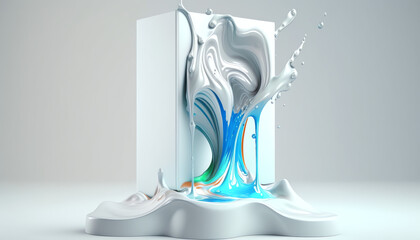 3D white background. Pedestal podium with water splash swirl in studio. Blue liquid fresh flow with display showcase for beauty product, cosmetics promotion. abstract 3D render. Advertisement mockup