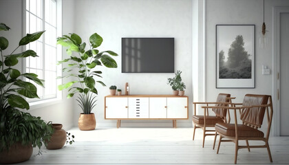Home mockup, white room with natural wooden furniture, 3d render