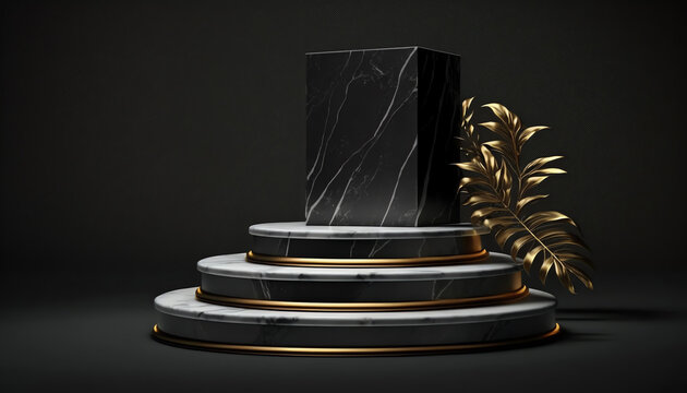 3D podium, marble display set. Copy space black background. Cosmetic or beauty product promotion mockup. Luxury stone step pedestal. Minimalist banner with gold cloth 3D render illustration
