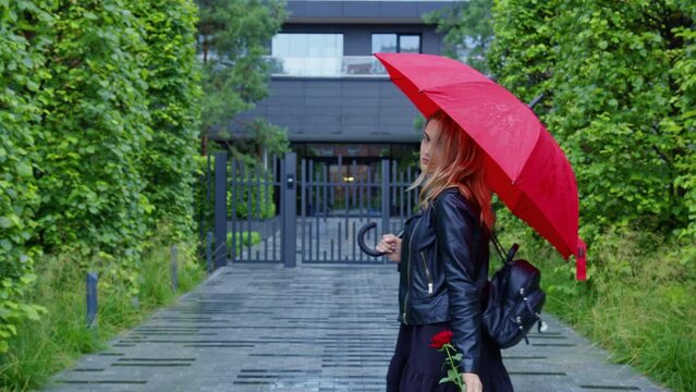 Pleasant memories of date, love, passion. Beautiful girl inhales aroma of rose given to her by loved man, returns home in rain. Attractive young blonde with red umbrella misses her beloved