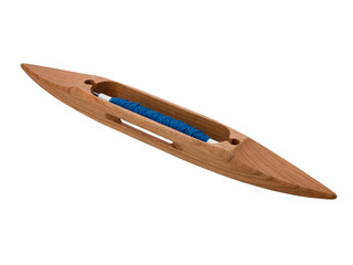 Boat shuttle with blue thread used in loom weaving, isolated. Wooden shuttle on white background