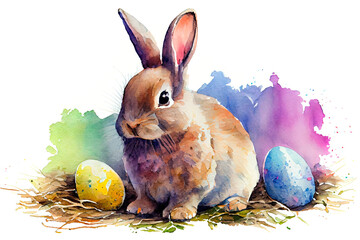 Cute rabbit with colored eggs as a symbol of Easter. Watercolor illustration on a white background. Generative AI.