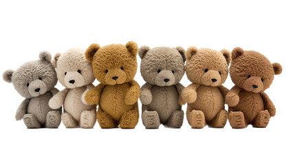 a spring-themed illustration featuring a group of isolated cute teddy bears and plush toys set on a transparent background and provided in PNG. Generative AI