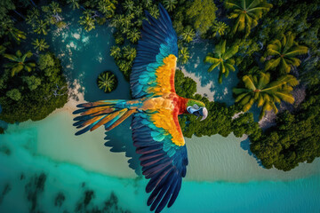Fototapeta na wymiar blue and yellow macaw flying over Caribbean island made with generative ai