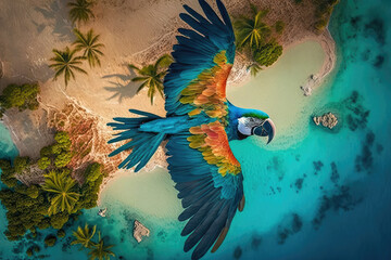 blue and yellow macaw flying over Caribbean island made with generative ai