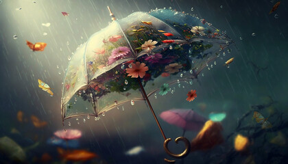 Transparent ubrella with spring flowers flying in rain  - obrazy, fototapety, plakaty