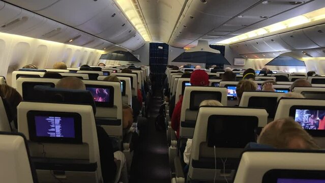 the plane KLM airlines inside the cabin Amsterdam flight to Vancouver 25.06.2022. High quality 4k footage Warsaw Poland 06.2022 