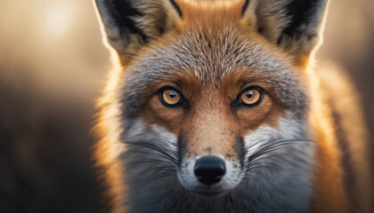 Naklejka na ściany i meble Beautiful fox extreme close up portrait. Looking straight in the camera