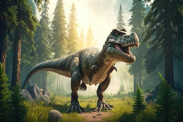 Lichtdoorlatende rolgordijnen Dinosaurus Huge dinosaur against the mountain background of a prehistoric forest at sunset Generative AI