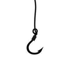 Fishing hook icon, silhouette, logo on white background. Vector illustration.