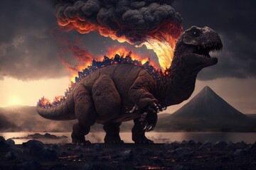 Huge dinosaur against the mountain background of a prehistoric forest at sunset Generative AI