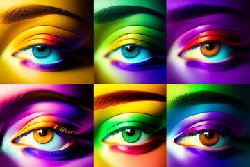 ojos pintados y maquillados en primer plano con colores saturados, concepto de día del orgullo y la comunidad. IA generativa