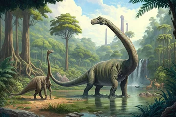 Zelfklevend Fotobehang Dinosaurus Huge dinosaur against the mountain background of a prehistoric forest at sunset Generative AI