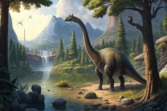 Fototapeta Huge dinosaur against the mountain background of a prehistoric forest at sunset Generative AI