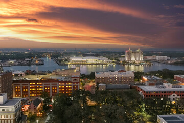 Aerial shot of the Savannah River with hotels, the Savannah Convention Center, restaurants and...