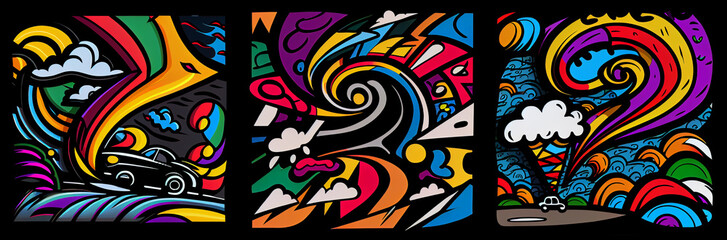 Obraz premium Colorful illustration of surreal tornado with car. AI generative.