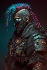 Cyberpunk pirate wearing homemade armor, cyberpunk style. Created with generative Ai technology