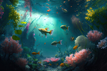 An underwater view of a flooded garden with fish swimming among the flowers. Created with generative AI technology.