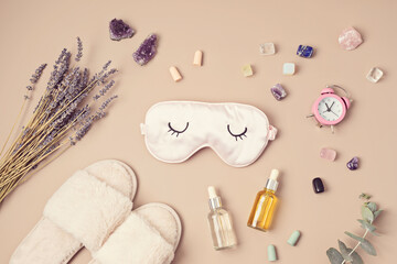 Healing chakra crystals, lavender and sleeping mask. Improving sleep quality with gemstones....