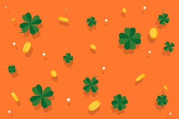 Happy Saint Patrick's Day background with clover, golden coins and place for text. Vector illustration. 