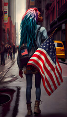 Fototapeta na wymiar vertical creative illustration Beautiful young woman with colored hair holding an American flag looks at the camera. Independence day america, flag day concept. elections in america Generative AI